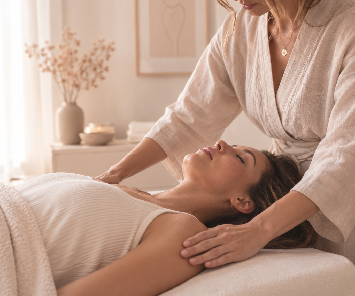 Marina posant les mains lors d'un soin de Qi Cleansing, dans une ambiance douce et apaisante