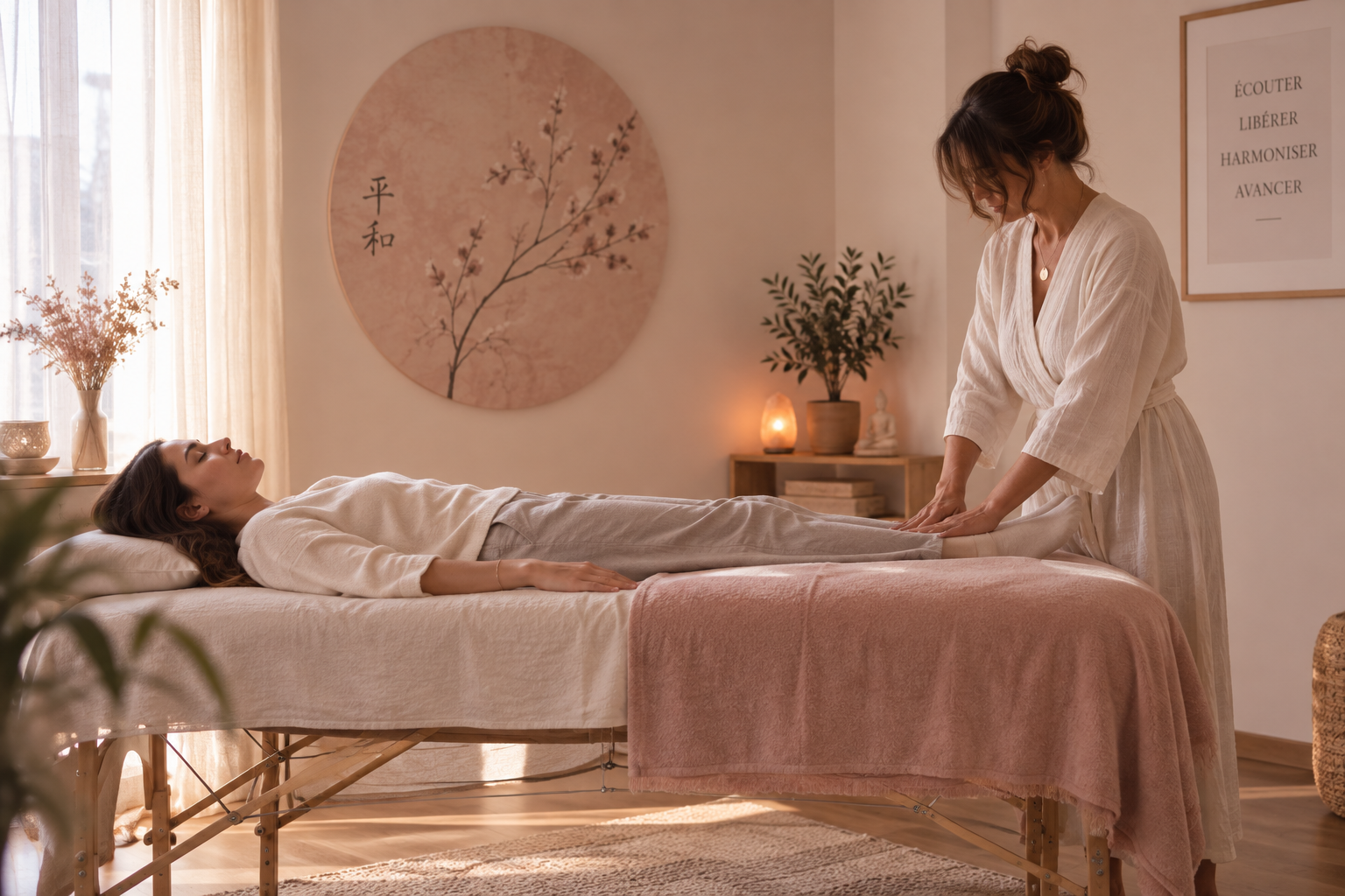 Séance de Qi Cleansing, cliente allongée sur la table pendant que Marina travaille sur les points énergétiques
